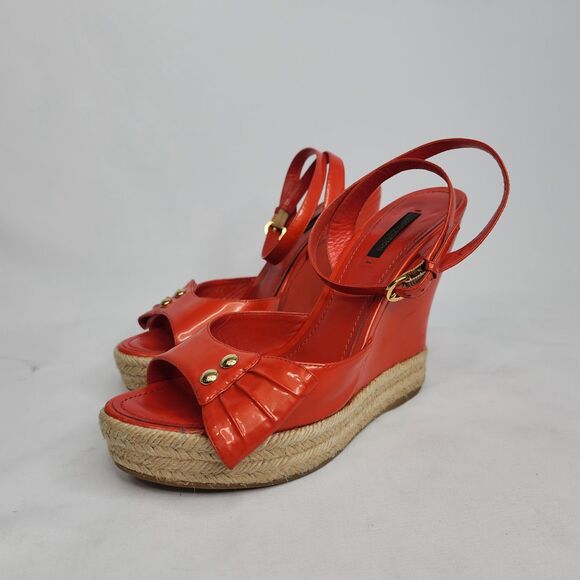 Louis Vuitton Red Patent Leather Espadrille Wedge Sandals Gold Hardware Size 40 - Picture 2 of 16